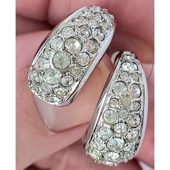 Genuine Swarovski Crystal Half Hoop Earrings Pierced Silver Tone Signed - Picture 1 of 5